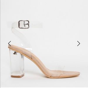 Nude Suede Clear Mid Block Heels - Size 8